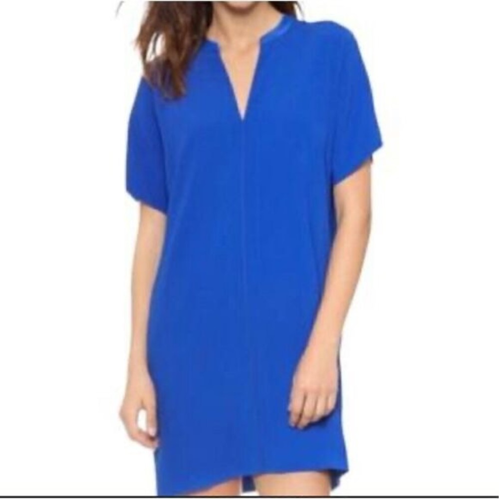 Vince V Neck Tunic Shift Dress‎ Cobalt Blue Silk XS Shirtdress Minimalist Career